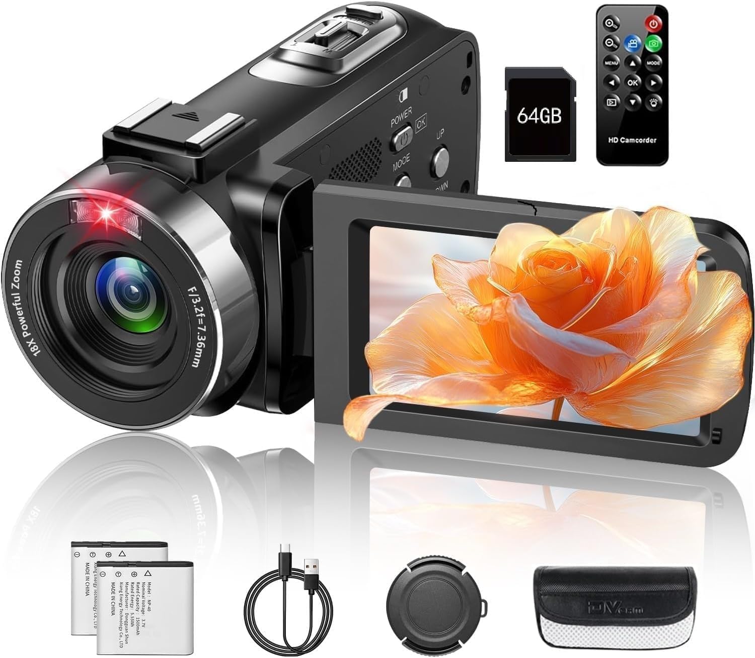 ビデオカメラ4K動画8000万画像数YouTubeカメラ ウェブカメラ 18倍デジタルズーム270度回転 3.0インチ IR赤外線暗視Vlogカメラ 一時停止機能タイムラプス＆スローモーション検知 LEDフィルライトリモコン付き 予備バッテリー64GBＳＤカード付属日本語取説商品画像