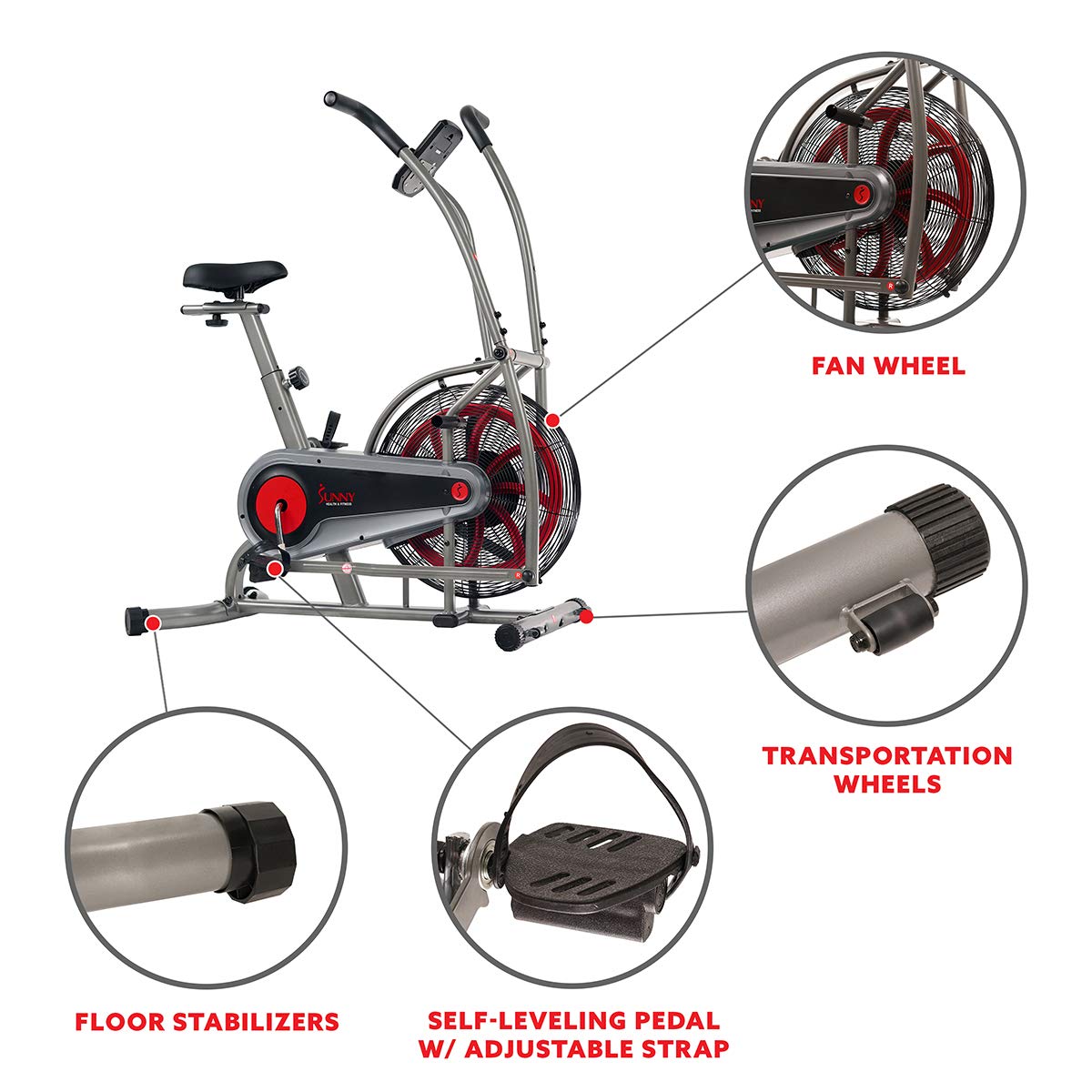 Sunny Health & Fitness Fan Bike Trainer w/Digital Monitor, Air Cardio Exercise for Full Motion Arm/Leg Training at Home and Adjustable Cushion Seat, Optional 4-way Adjustment