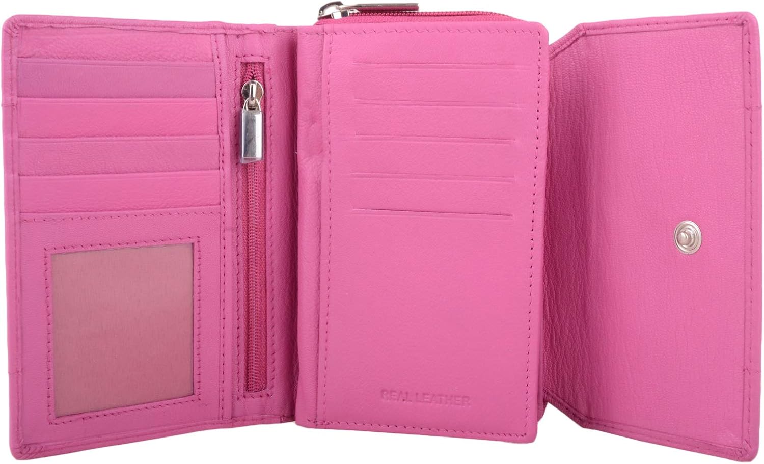 Womens Large Leather Zip Round Tri-Fold Money/Coin/Credit Card Holder/Purse - Cerise - Image 4
