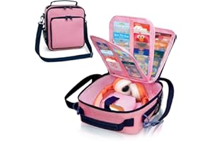 ORKELS Carrying Case Compatible with Yoto Mini(2024 Edition), Travel Storage Bag with Card Holder for 30 Cards, Adjustable Shoulder Strap & Accessory Pocket – Bag Only (Pink+Blue)