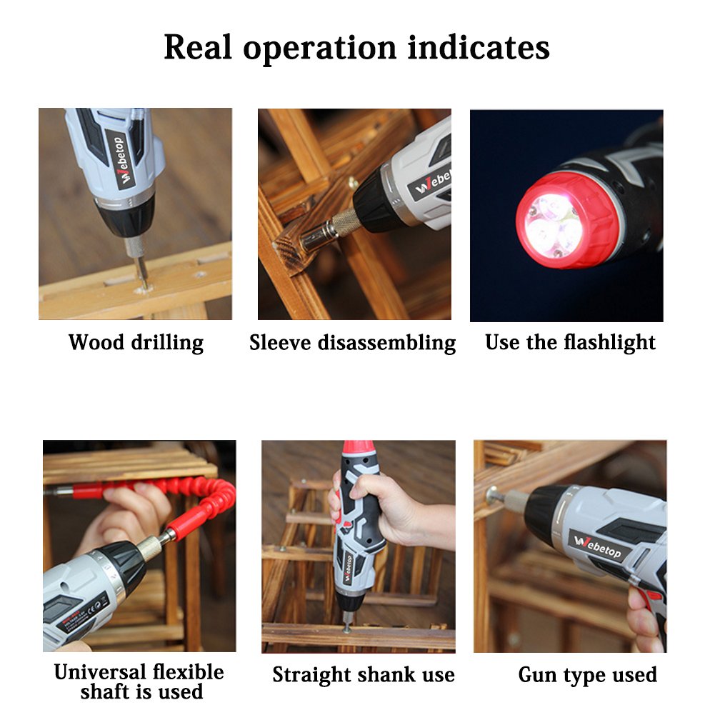 Webetop Cordless Drill Driver 3.6 Volt 2000mAh MAX Torque 6 Position Rechargeable 46 Screwdriver Bits in Case USB Charging for Around House Small Jobs with 3 LED Light