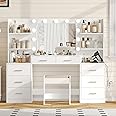 Irontar 61.9‘’L Large Vanity Desk Set with Mirror & Lights, Makeup Vanity with Stool and Charging Station, Makeup Desk with Drawers & Open Storage Shelves, Bedroom Vanity Table Set, White WDT006WD