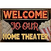 EMOHAT Retro Metal Tin Sign Welcome To Our Home Theater Vintage Chic Metal Poster Home Wall Decoration Man Cave Living Room Patio Wall Art Metal Signs Tin Plaque Aluminium Decor 8x12 Inch