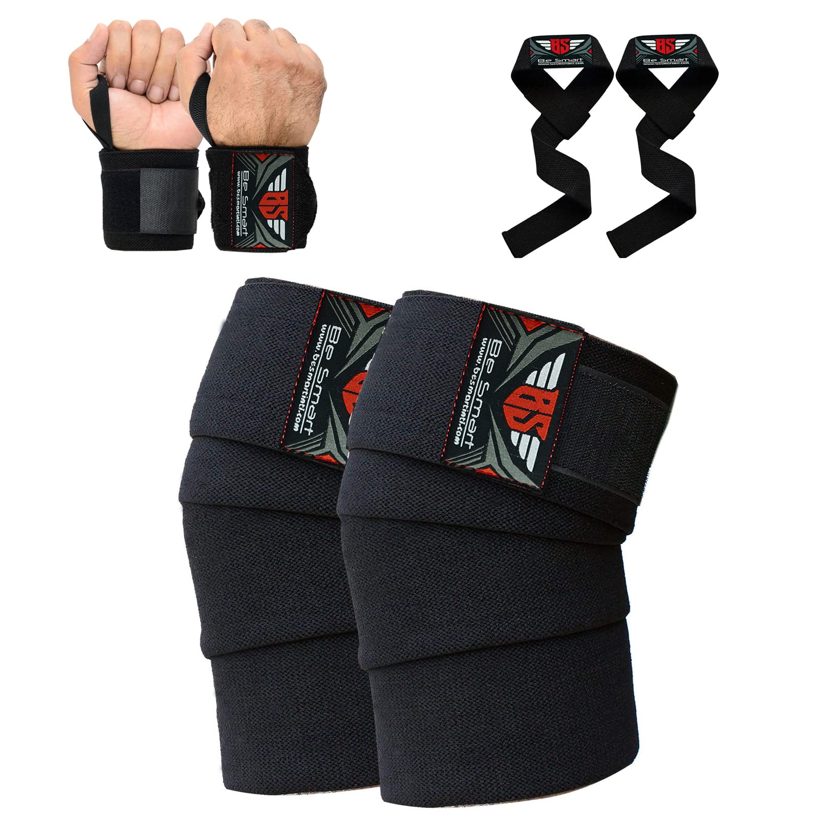 Be Smart Knee Wraps Wrist Wraps Bar Straps for Weight Lifting Body Building Gym Training Support Leg Wrist Straps R (Black, One Size) Set. — image 1