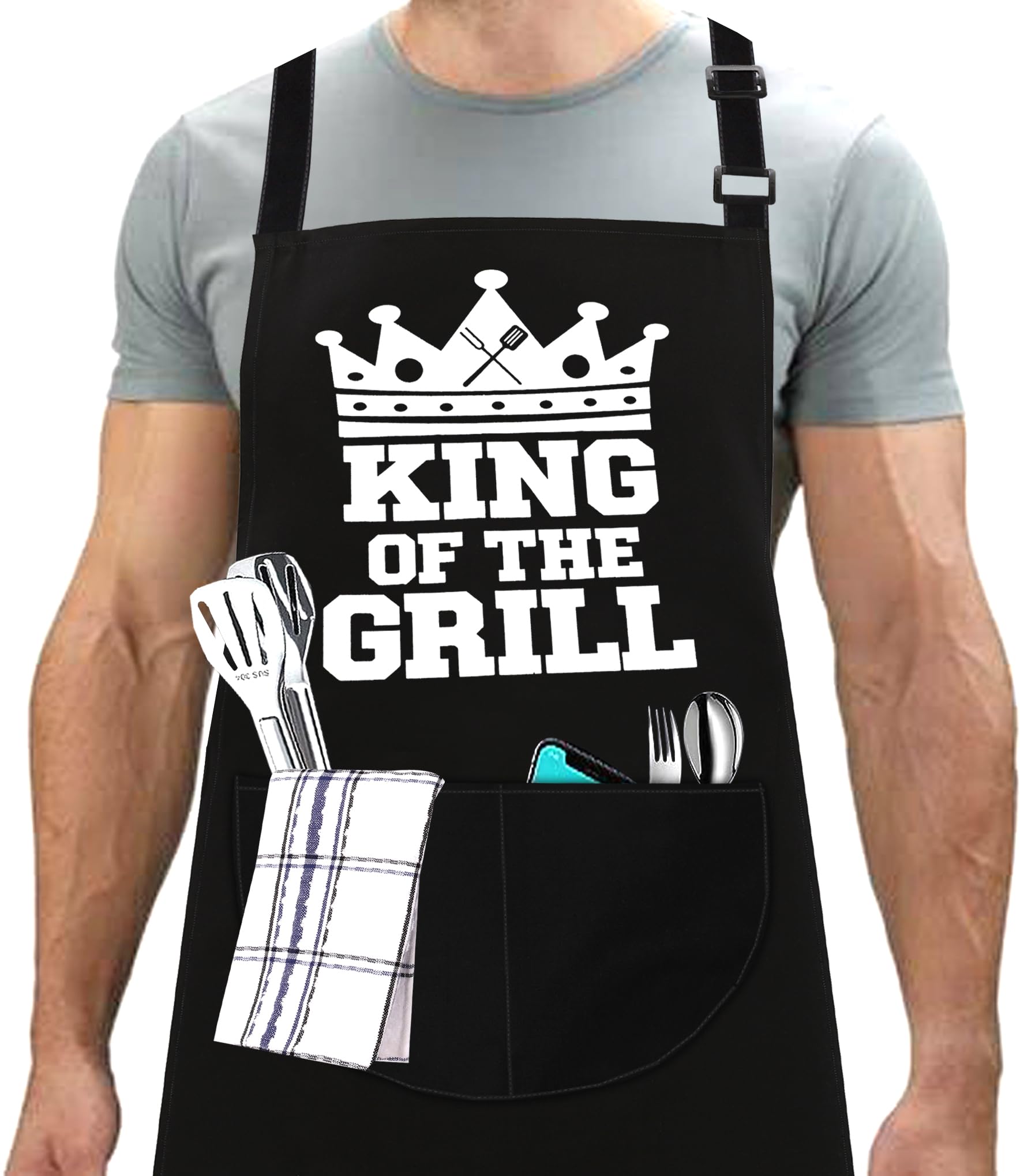 LINEN CLOSET® King of the Grill Apron for Men Funny Aprons Professional Bbq Aprons Kitchen Cooking Gift Apron with 2 Front Pockets-King of the Grill