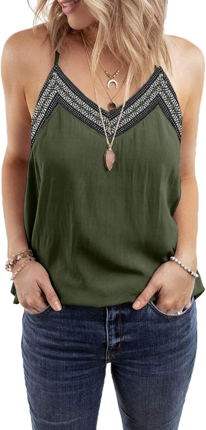 BLENCOT Women's V Neck Strappy Embroidery Tank Tops Loose Casual Sleeveless Shirts Blouses