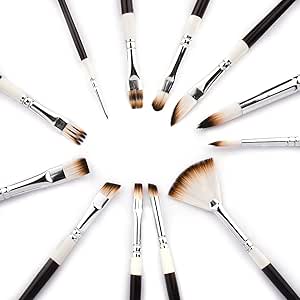 Fabart 12 Piece Artist Paint Brush Set - Round, Flat, Comb, Dagger, Deerfoot, Angular, Filbert, Rake