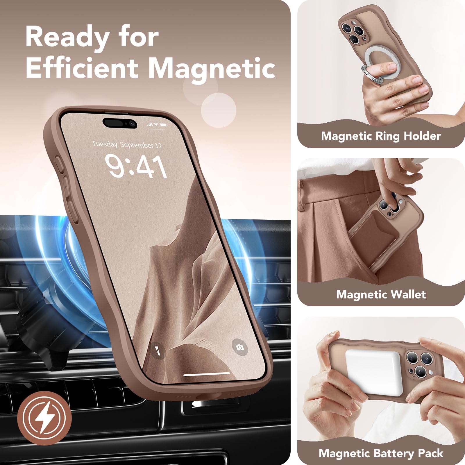 CAPRARO Cute for iPhone 15 Pro Max Case, Compatible with MagSafe, [Curly Wave Edge] [Full Camera Protection] [14 FT Drop Shockproof Protection] Magnetic Phone Case for 15 Pro Max 6.7 Inch, Brown