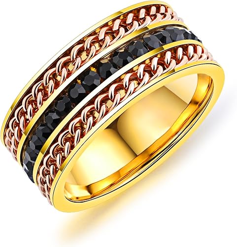 Amazon Aiks ジュエリー ブランド 人気 回転可能指輪 リング メンズ ゴールド 16号 ステンレス オニキス グラマラス ジュエリー 通販