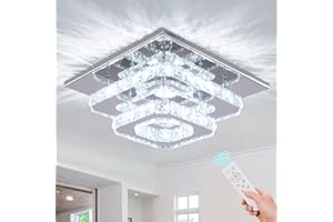 FRIXCHUR Dimmable Crystal Chandelier Ceiling Light with Remote Square Led Flush Mount Small Chandelier for Dining Room Kitchen Wedding Hallway Foyer,9.8"