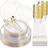 MirthMood 210Pcs Clear and Gold Plates for 30 Guests, Plastic Plates for Party, Includes:30 Dinner, 30 Dessert, 30 Paper Towels with 90 Silverware & 30 Cups