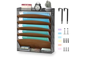 Aimeaihe Wall File Organizer, Wood Wall File Holder, 7 Tier Vertical Hanging Wall File Organizer, 5 Pockets Wall Mount File Holder with Top and Bottom Flat Tray for Office School Home, Black