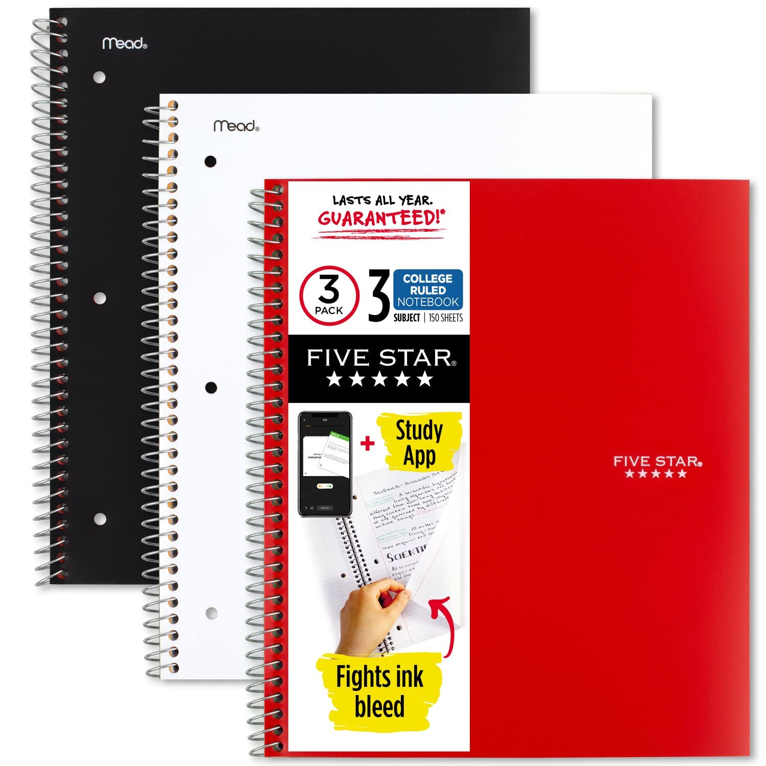 Five Star Spiral Notebooks, 3-Subject, College Ruled Paper, 11" x 8-1/2", 150 Sheets, Black, White, & Red (73393)