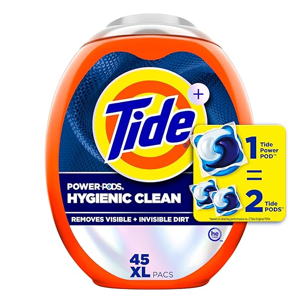 TIDE POWER PODS HYGIENIC CLEAN HEAVY DUTY LIQUID LAUNDRY DETERGENT PACS, FREE AND CLEAR OF DYES AND PERFUMES, FOR VISIBLE AND INVISIBLE DIRT, 45 COUNT, HE COMPATIBLE