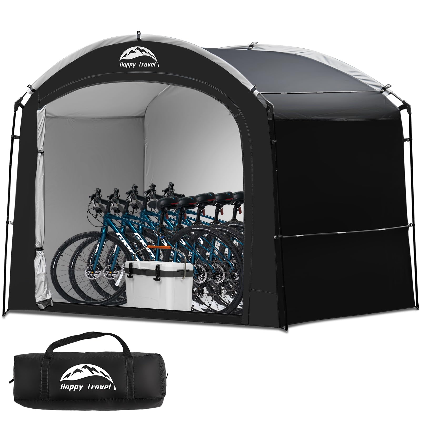 Photo 1 of Happy Travel Bike Storage Shed Tent, Waterproof Portable Bicycle Cover with 30% More Top Storage Space for 2/3/4/5 Bikes,Clips Easy Setup Outdoor Sheds Shelter for Motorcycle, Garden Tools, Lawn Mower