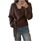 SweatyRocks Women's Wrap Cardigan Sweaters Tie Front Long Sleeve Soft Knit Dressy Work Tops