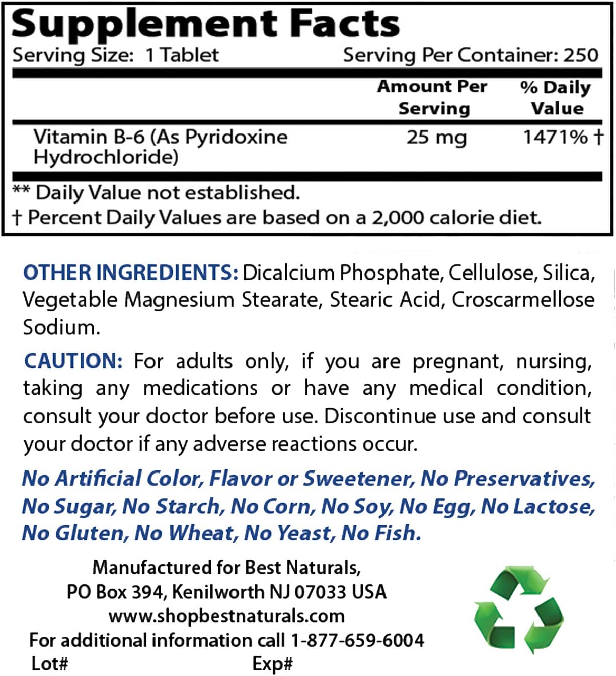Best Naturals Vitamin B6 25 mg 250 Tablets, 250 count (Pack of 1) - Image 3