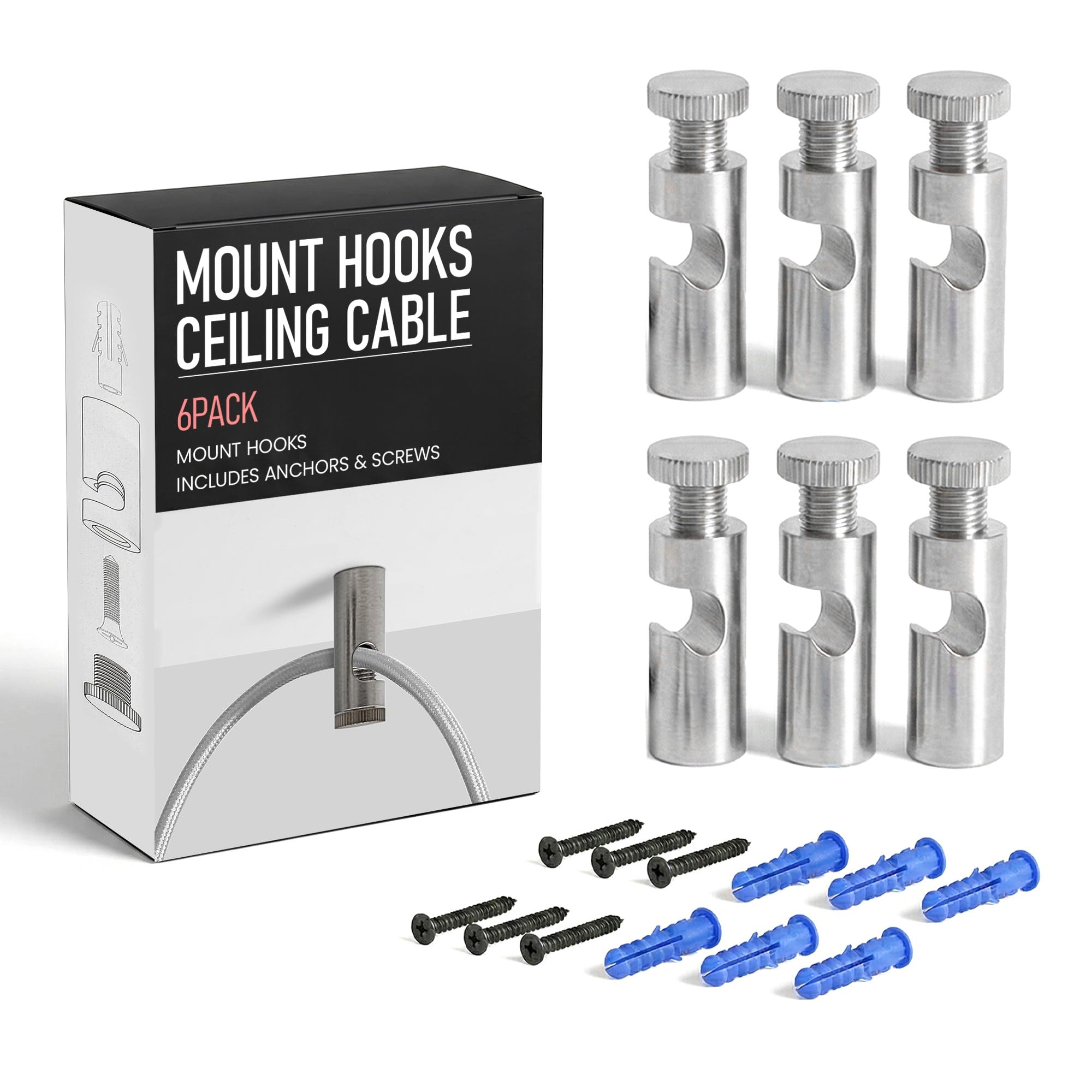 LEDSone 6 Pcs Ceiling Cable Mount Hooks for Swag Chandelier and Spider Lighting Minimalist Cord Keeper Easy Fit Metal Hook with Screw for Pendant Light Cable