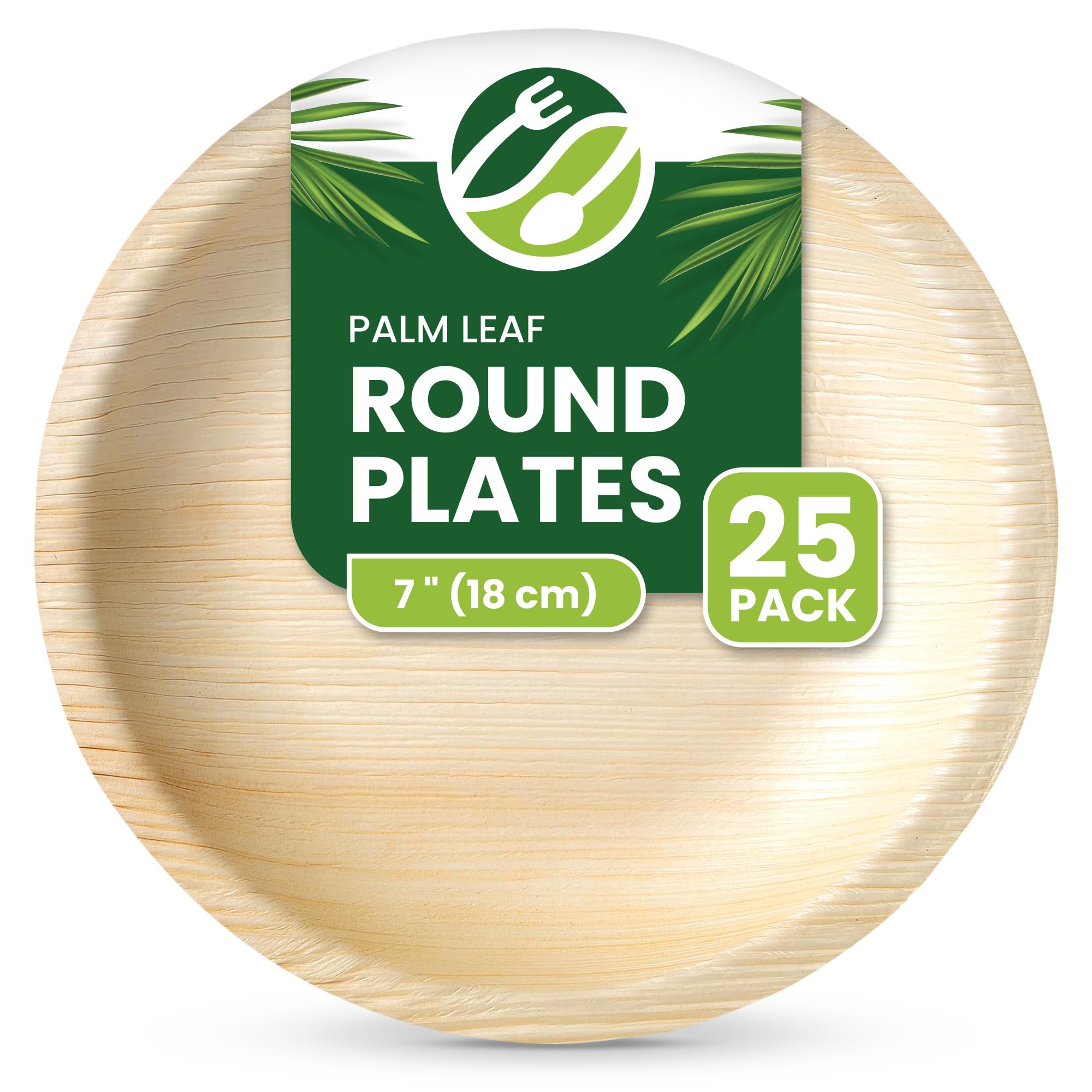 ECO Leaf 25 Disposable Palm Leaf Plates | 7”(18cm) Round Compostable Dinner Plates | Eco-Friendly, Biodegradable Heavy-Duty Plate for Wedding, Party & Picnic |Microwave & Oven Safe, 25 Pcs
