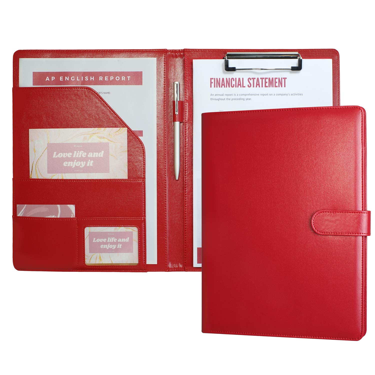 A4 Folder Clipboard Folder Portfolio Conference for Legal Pad, Faux Leather Clipboard Foldover with Cover Writing Work Folio Refillable Organiser Portfolio Clip Board with Pen Holder (Red)