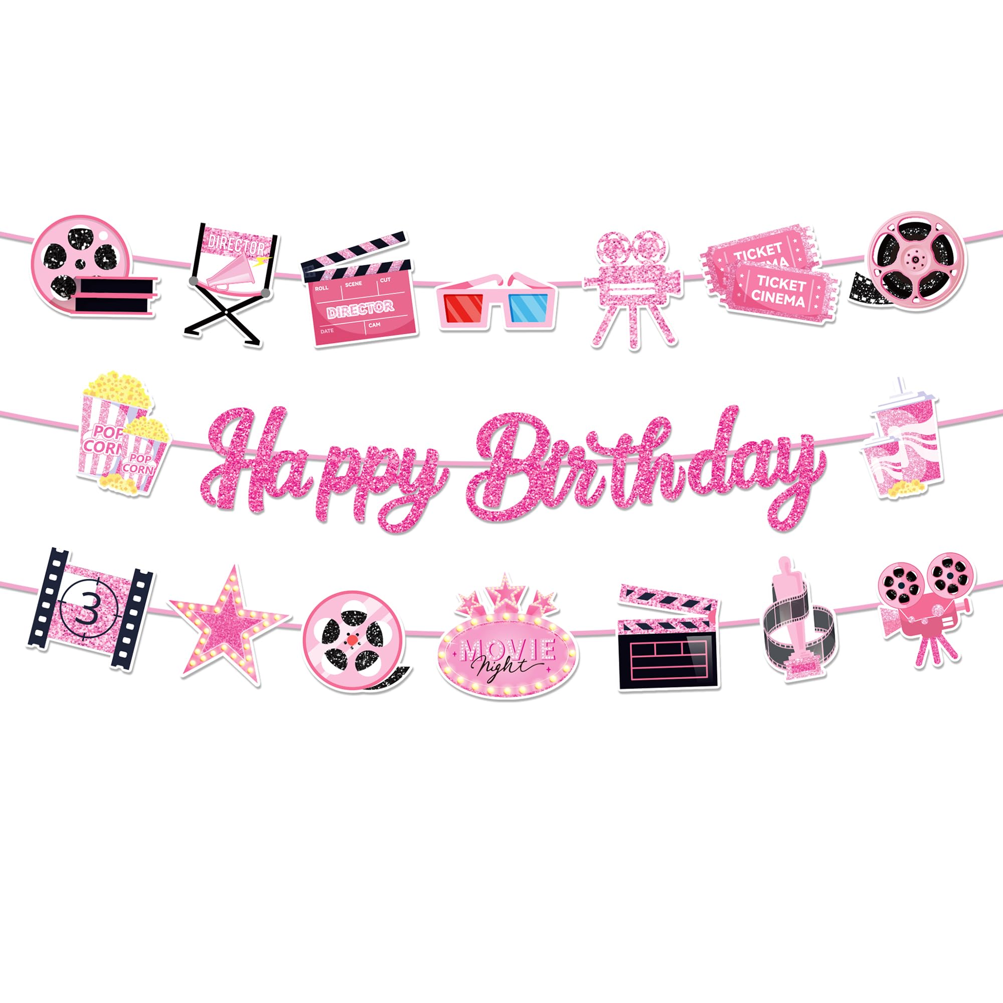 CC HOME Pink Film Festival Happy Birthday Banner Cinema Red Carpet Party Hanging Banner Movie Theme Birthday Bridal Wedding Baby Shower Boys Girls Kids Home Classroom Party Supplies Decoration