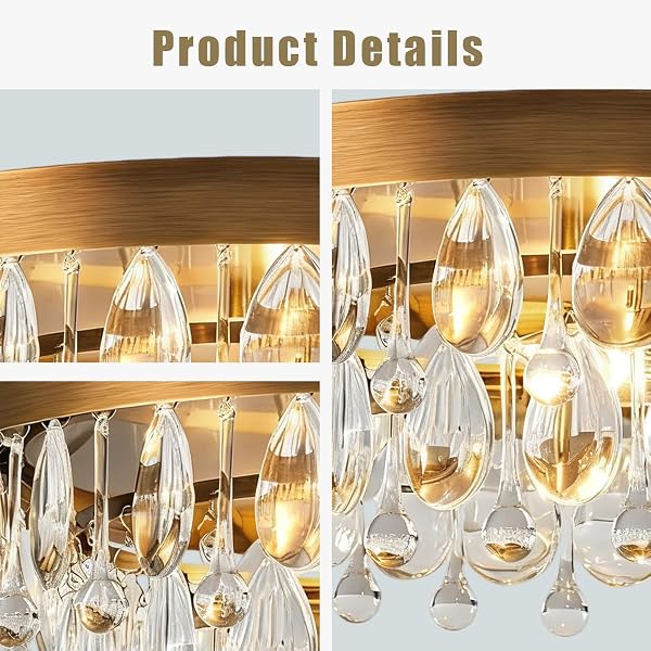 15″ ANTIQUE BRASS ROUND CRYSTAL CEILING LIGHT, LUXURY CRYSTAL RAINDROP SEMI FLUSH MOUNT CEILING LIGHT FIXTURE, MODERN MINI CHANDELIER FOR BEDROOM, HALLWAY, ENTRYWAY (BRASS)