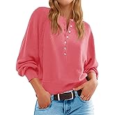 Saodimallsu Womens Button Crew Neck Sweater Fall Long Sleeve Henley Shirts Trendy Loose Knit Pullover Tops