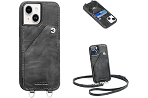LUCKYCOIN iPhone 15 Case with Strap, Genuine Leather Wallet Case, iPhone 15 Case with Card Slot, with Card Holder Crossbody, Compatible with iPhone 15, 6.1 inch, Black