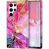 Btscase for Samsung Galaxy S22 Ultra 5G Case, Marble Pattern 3 in 1 Heavy Duty Shockproof Full Body Rugged Hard PC+Soft Silicone Drop Protective Women Girl Covers for Samsung S22 Ultra, Hot Pink
