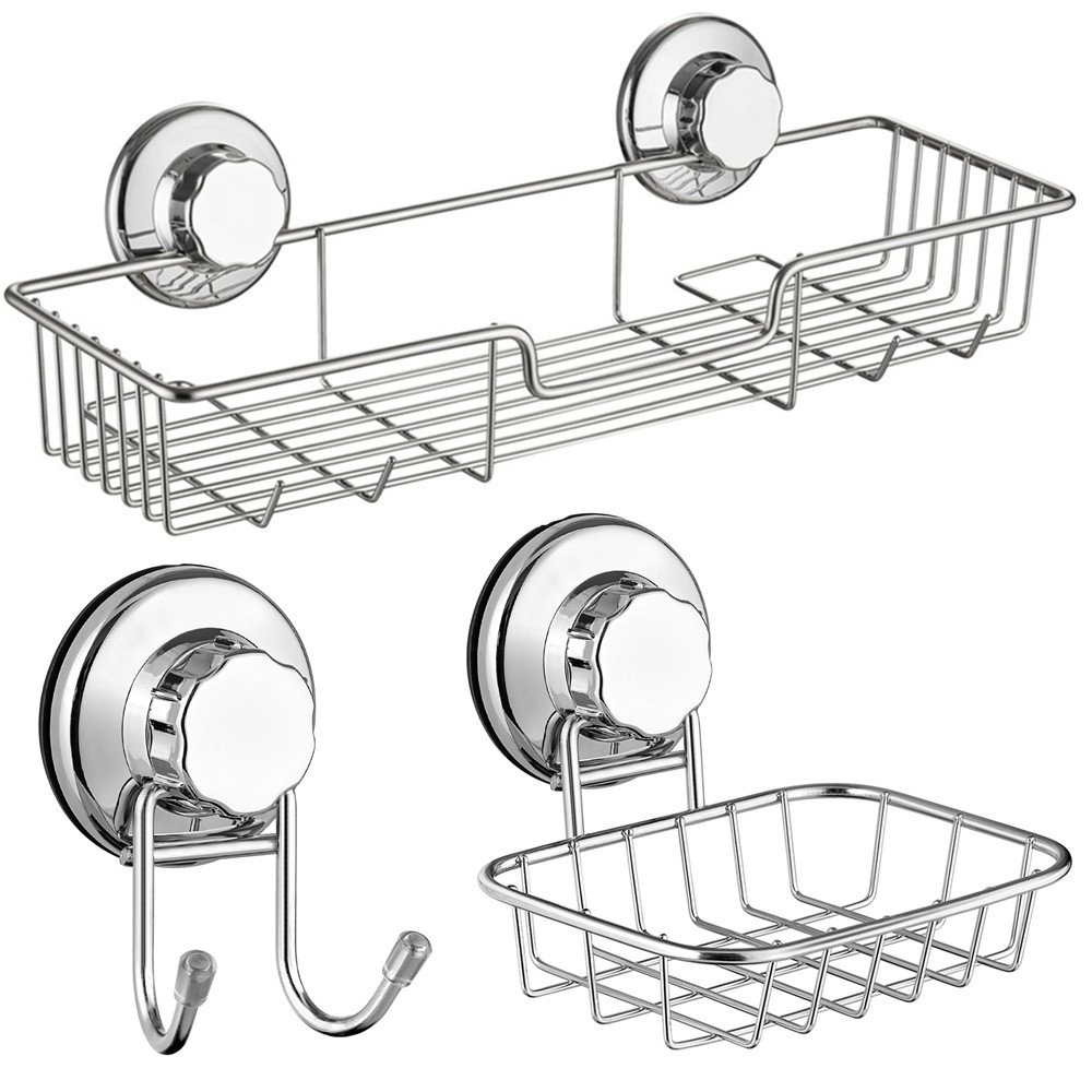 SANNO Suction Cup Shower Caddy/Soap Dish/Bath Hook-Shower Organizer Accessories Kitchen Storage Basket for Shampoo, Conditioner, Soap- Anti Rust Stainless Steel (Set of 3)