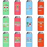 Pop Nordic Beach Slim Can Coolers - 12 Pack Skinny Summer Can Sleeves, Neoprene Funny Beer Cozy Bulk for Hawaiian Themed Party, Pool Party