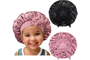 ISSHIN BEAUTY Satin Silk Bonnet Hair Cap: 2pcs Bonnets for Kids with Elastic Tie Band Adjustable Straps for Sleeping Sleep Comfortable - Stretchy Tie Band Hair Bonnets No Slip-Off (Black-Rosegold-K)