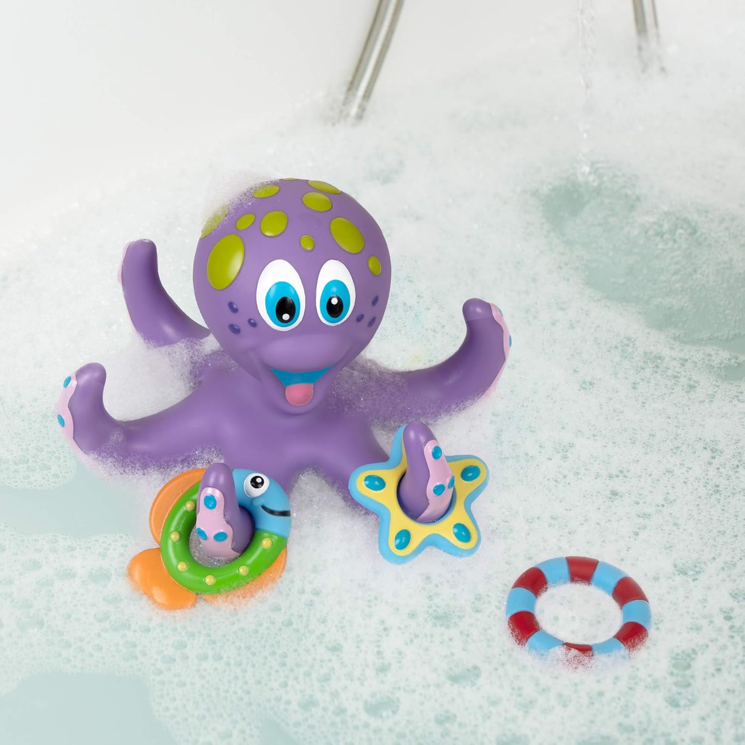 Nuby Floating Purple Octopus with 3 Hoopla Rings Interactive Bath Toy : Baby