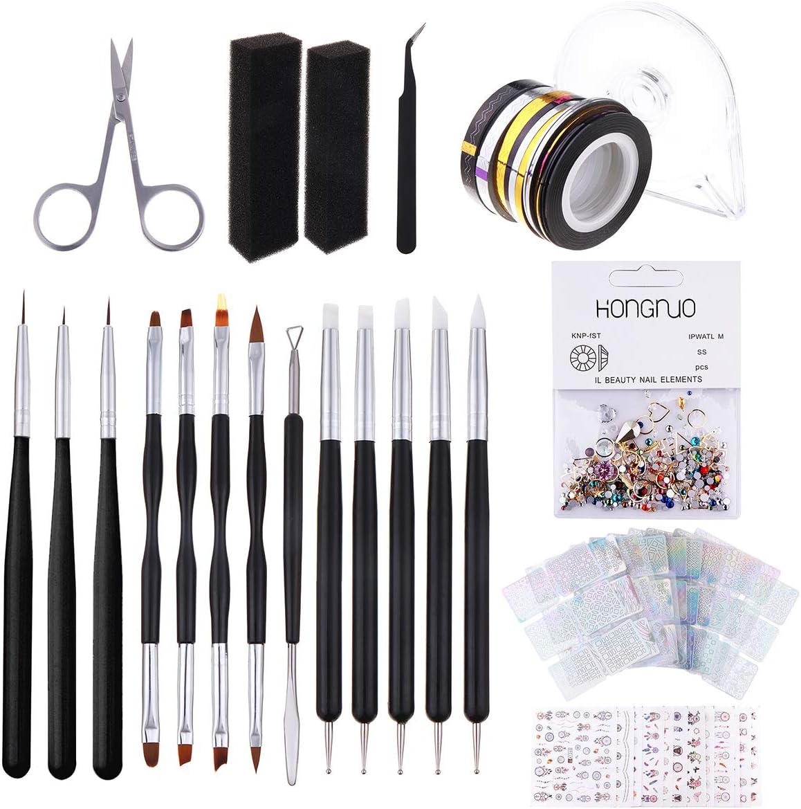 Nail Art Tools Fashion Design - 8 Size Painting Brushes, 5 Carving/Dotting Pen, 12 Style Decals/Stencils, Striping Tapes, Irregular 3D Rhinestones, Manicure Sponge(Peeler, Scissors & Nippers Included)