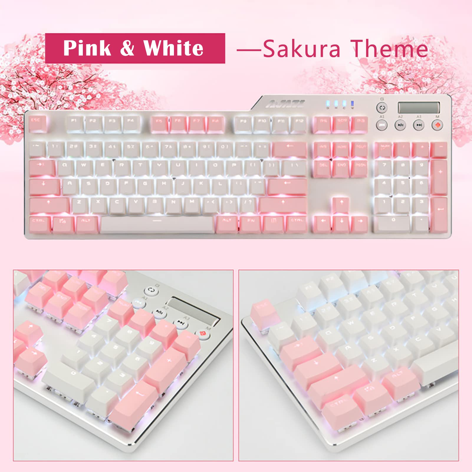 Lomiluskr Wired Mechanical Gaming Keyboard, 104 Keys and 6 Media Keys Anti-Ghosting, 2 Colors PBT Keycap, Hot-swappable Switch, Elegant White Backlight, Aluminum Panel (Pink&White, Blue Switch)