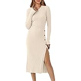 ANRABESS Womens 2025 Fall Long Sleeve Midi Dress Ribbed Knit Bodycon Fitted Button Down Wedding Guest Slit Sweater Dresses