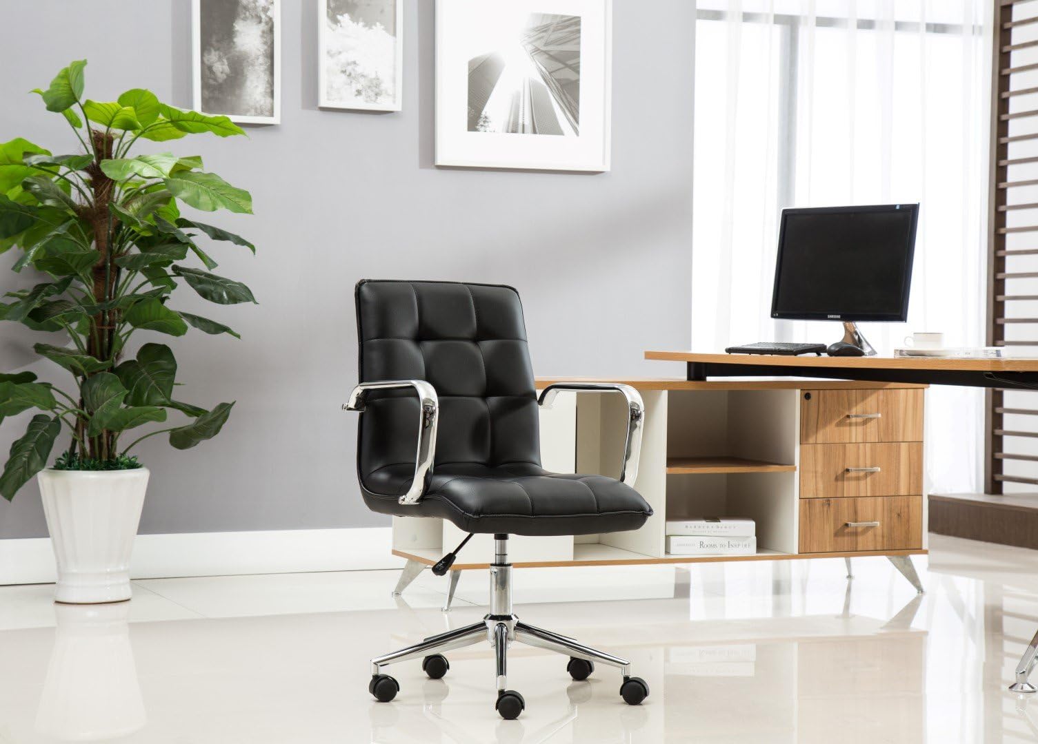 Porthos Home Leona Office Chair with Adjustable Height, 360° Swivel, Tufted PU Leather Upholstery and Roller Caster Wheels, Black