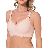 LEYSHE Comfortable Wirelss Seamless Padded Push Up Support Bra No Underwire Scalloped Neck Full Coverage Back Smoothing Bra