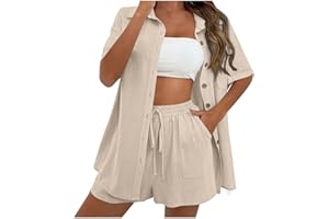 azrian Cotton Linen Outfits for Women 2 Piece Sets Short Sleeve Button Dwon Shirt and Short Pockets Casual Loose Top Summer