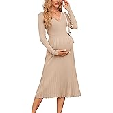OUGES Women's Fall Maternity Dress for Photoshoot Long Sleeve Wrap V Neck Pleated Baby Shower Sweater Midi Dresses 2026