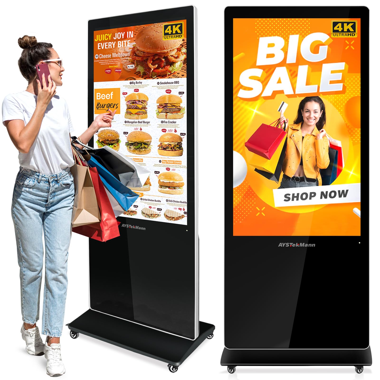 Photo 1 of AYSTekMann 55" Digital Signage Displays, 4K LCD Capacitive Touch Screen Floor Standing Digital Signage, Indoor Digital Adverstising Kiosks with HDMI Input, Android 11(2+32GB)