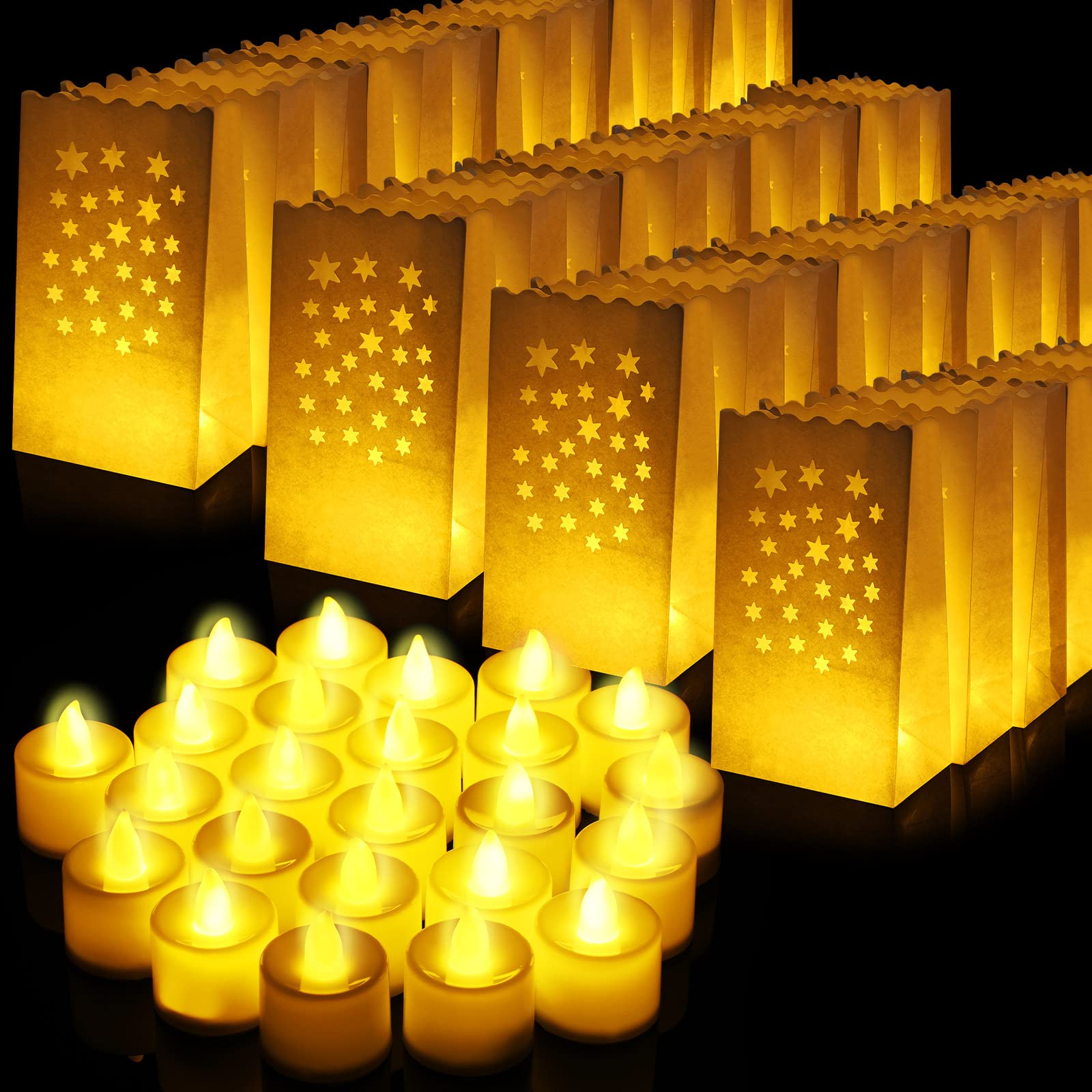 Photo 1 of 50 Set Luminary Bags with Flameless Tea Lights Christmas Luminaries LED Lantern Candle Bags for Birthday Wedding Halloween Christmas Party Decorations Outdoor Romantic Decor(Star)