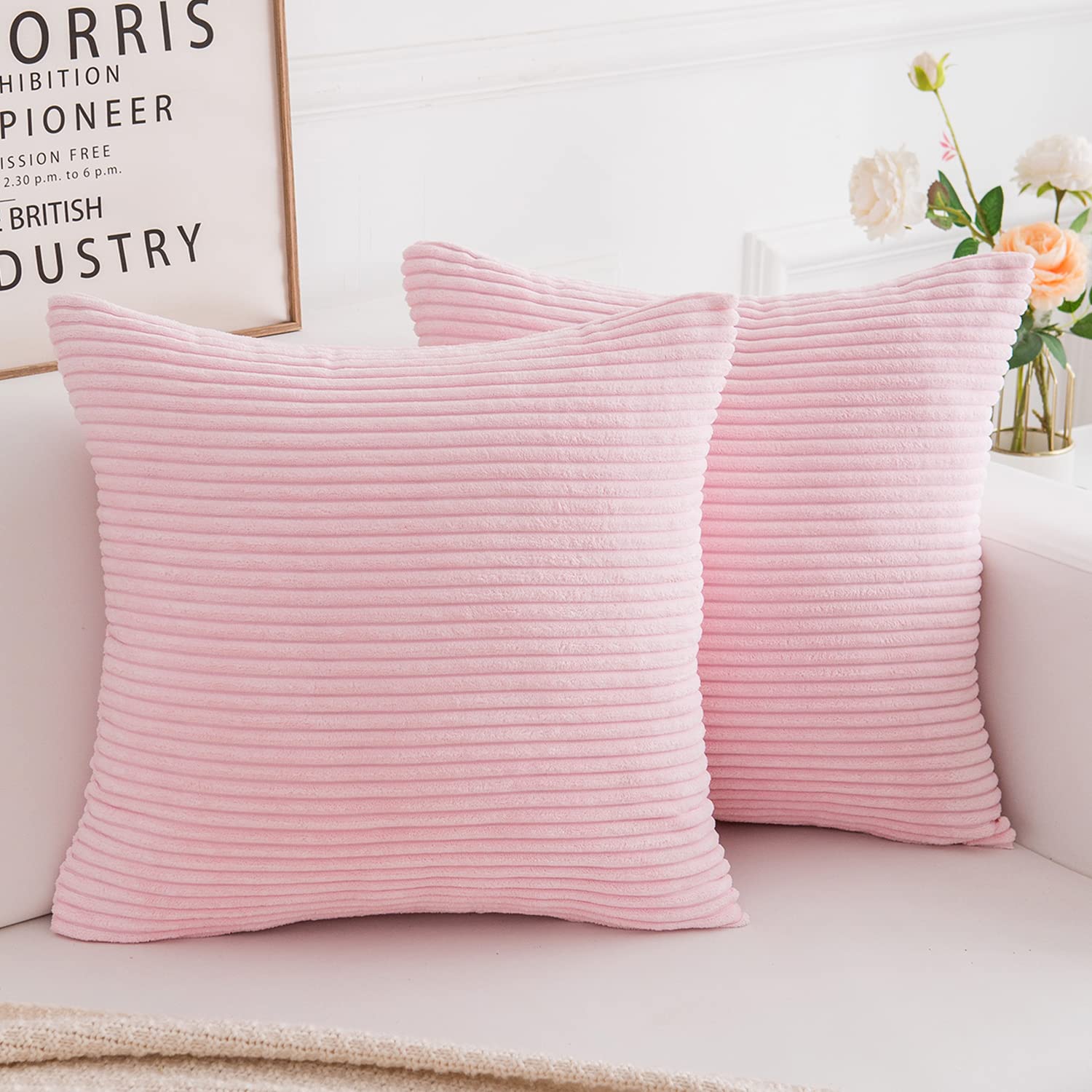 Yonous Corduroy Cushion Covers, Soft Square Decorative Throw Pillow Home Decor for Living Room Couch Bed Sofa, Set of 2 Pack, Pink, 40x40 CM / 16x16 Inch — image 1