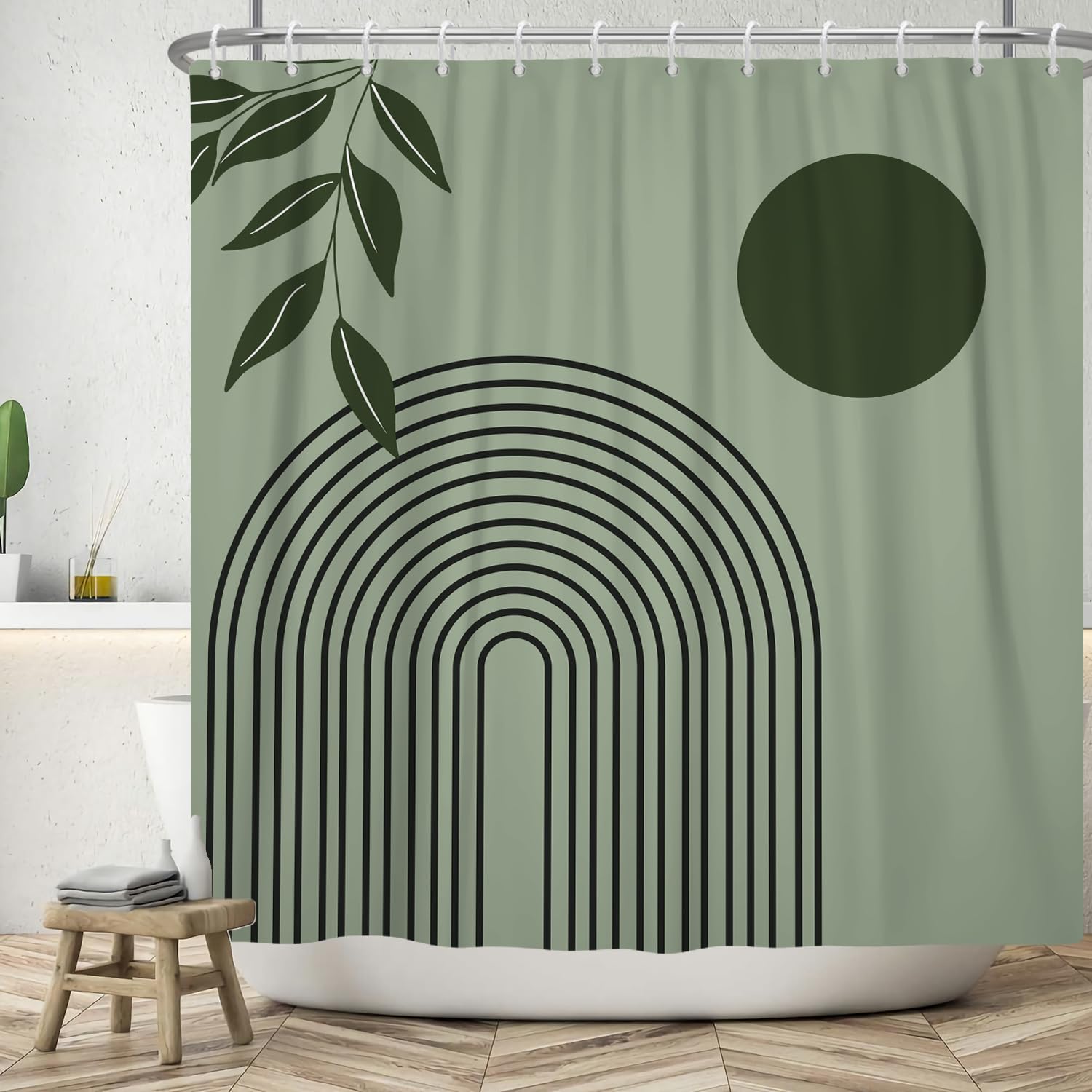 ASDCXZ Boho Shower Curtain 180x200 cm, Modern Abstract Art Green Leaves Sun Line Sage Green Bath Washable Shower Curtains Polyester Textile Waterproof Bath Curtain for Bathtub with 12 Hooks — image 1
