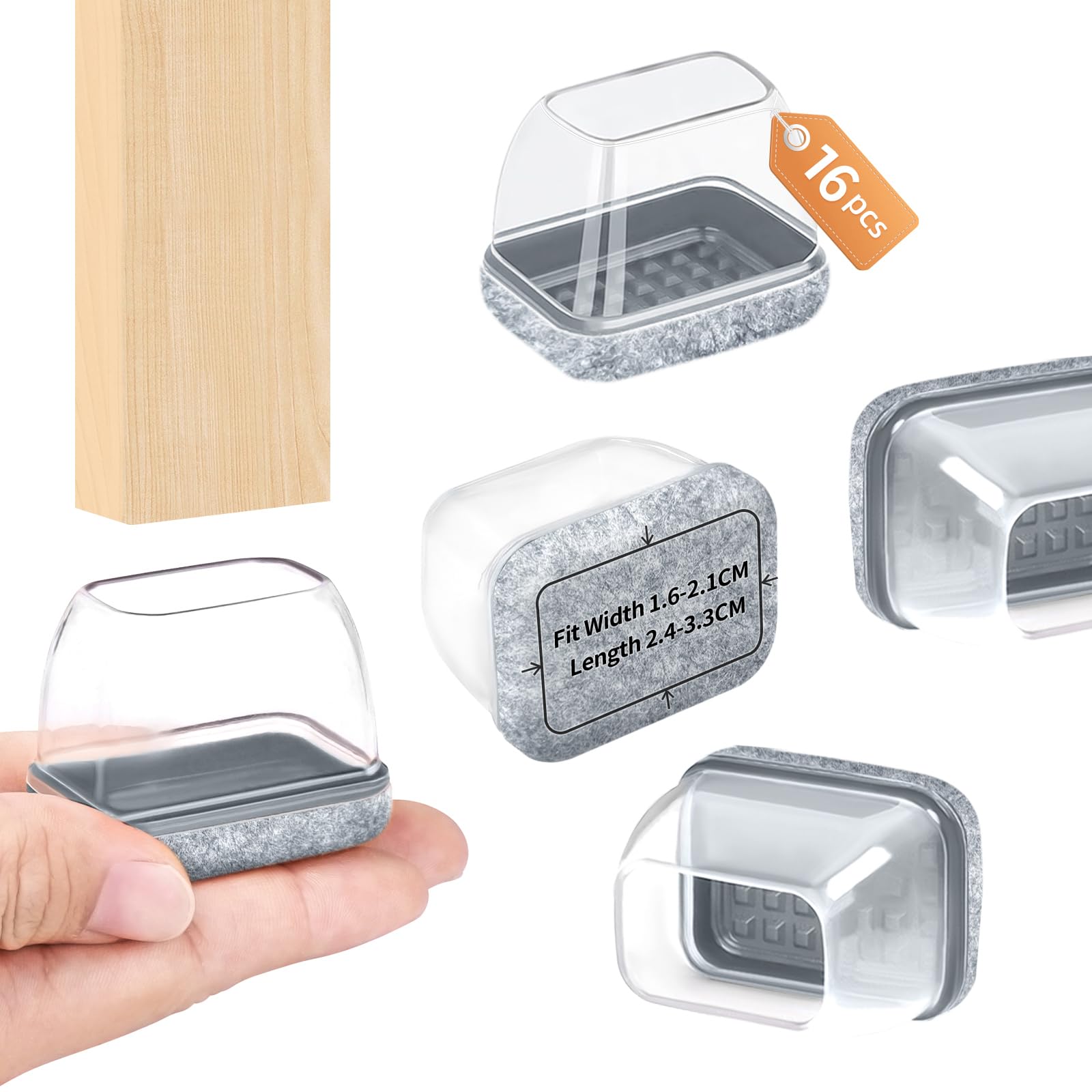 16PCS Chair Leg Floor Protectors, Rectangle Chair Leg Protection Caps, Small Clear Silicone Chair Leg Covers with Gray Felt Pads for Hardwood Floors, No Noise No Scratches