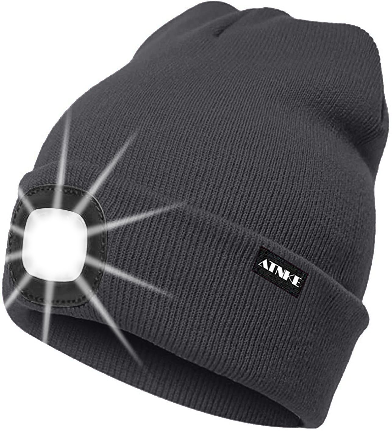 ATNKE LED Lighted Beanie Cap,USB Rechargeable Running Hat Ultra Bright 4 LED Waterproof Light Winter Warm Gifts for Men and Women/Noble Gray