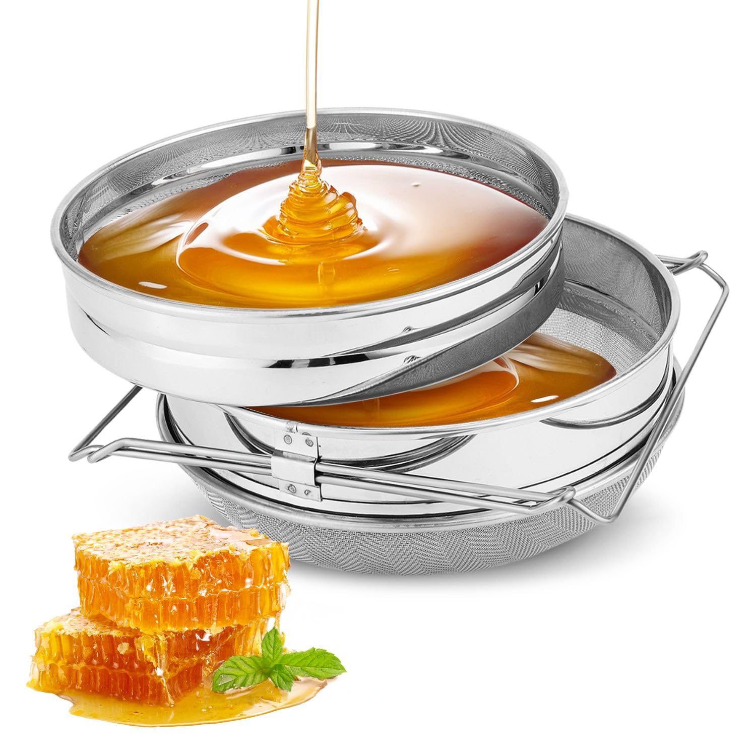 Flexzion Stainless Steel Honey Strainer – Double Honey Strainer Beekeeping Equipment with Fine Mesh Filter – Extendable Arms for Gallon Bucket – Food Extractor Tool for Clean Honey, and Pollen Removal