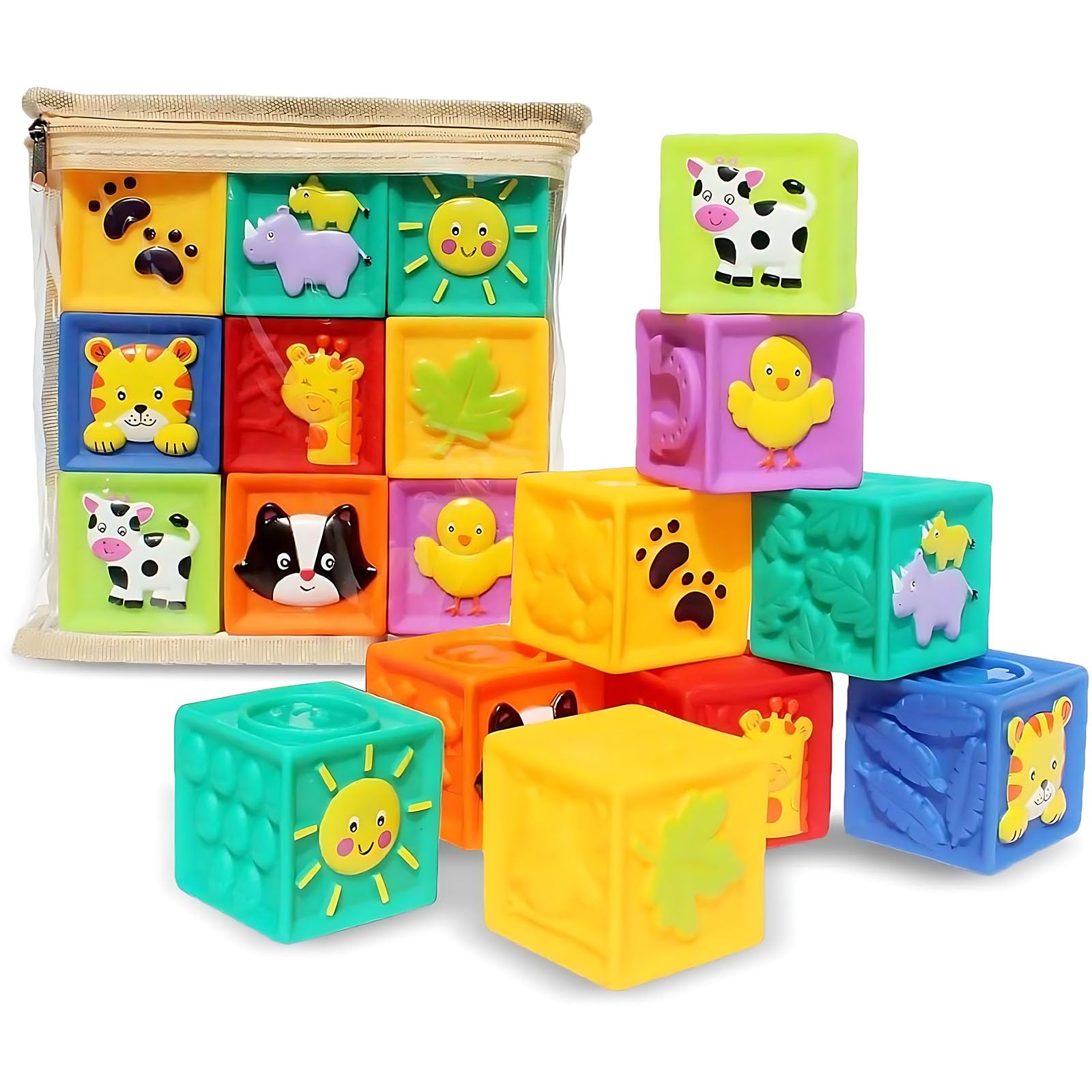 Photo 1 of Kingtree Baby Blocks, 9PCS Soft Squeeze Building Blocks Stacking Toys for 6+ Months Babies, Baby Teething Chewing Educational Blocks Set with Numbers Animals Shapes Textures
