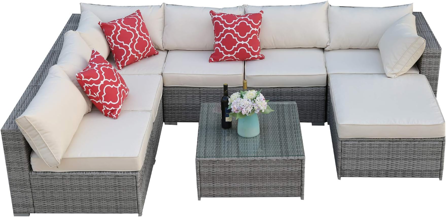 Do4U Patio Sofa 8-Piece Set Outdoor Furniture Sectional All-Weather Wicker Rattan Sofa Brown Seat & Back Cushions, Garden Lawn Pool Backyard Outdoor Sofa Wicker Conversation Set