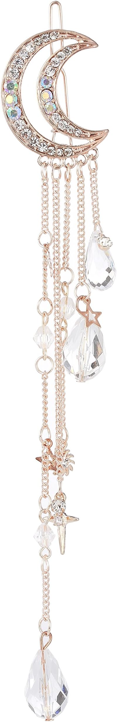 Fvermecky Vintage Crystal Hair Clips Tassel Drop Star Moon Hair Clips Bobby Pins For Women Girls Hair Accessories 4 Colors (Rose Gold)